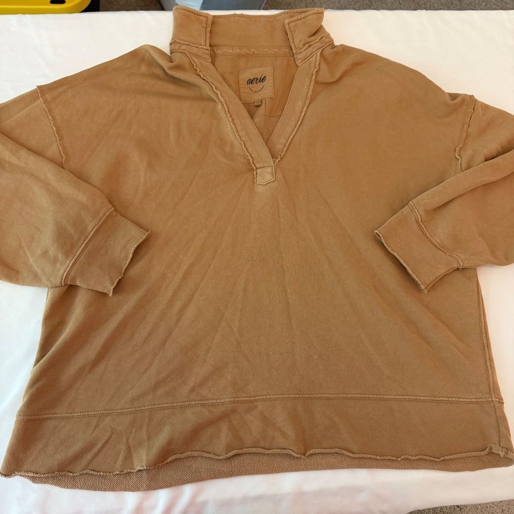 Aerie Women Tan V-Neck Oversized Raw Edge French Terry Sweatshirt Large Lounge